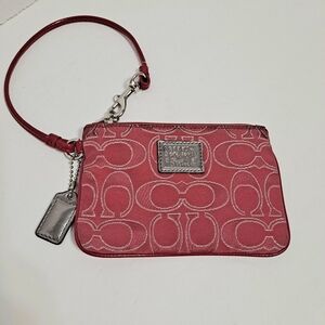 Coach Poppy Signature Lurex Ruby Red & Pink Wristlet with Silver Details